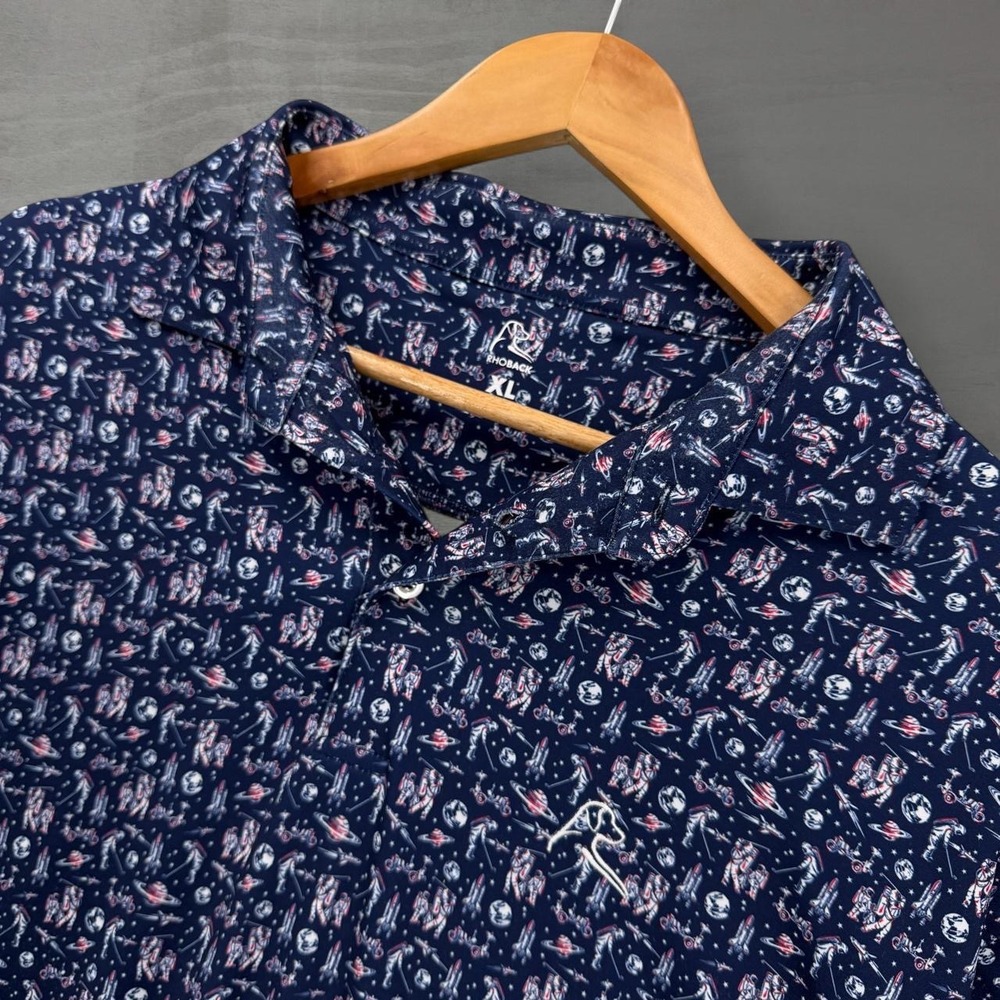 Rhoback Moon Bogey Polo Shirt Navy Space Astronaut Planet Print Performance XL